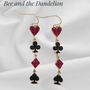 Suits of Playing Cards Sparkly  Gold Tone Dangle Earrings - Picture 1 of 6