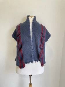 AS3#GUCCI Wool &Silk Fringed Shawl Poncho Blue &Red Striped Italy Made Authentic - Picture 1 of 6