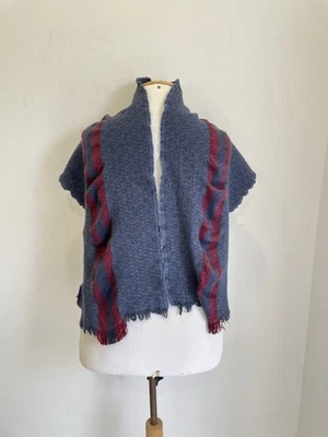 AS3#GUCCI Wool &Silk Fringed Shawl Poncho Blue &Red Striped Italy Made Authentic - Image 1 of 4