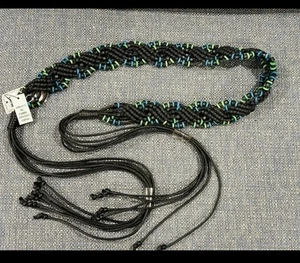 CHICO’S Gobi- Leather Belt- Beads, Bohemian Fringed Belt NWT- Green, Black &Blue - Picture 1 of 5