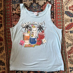 Vintage Hawaii Tank Top Shirt Suck Em Up Cocktail Tiki Drinking Shirt Large Blue - Picture 1 of 6