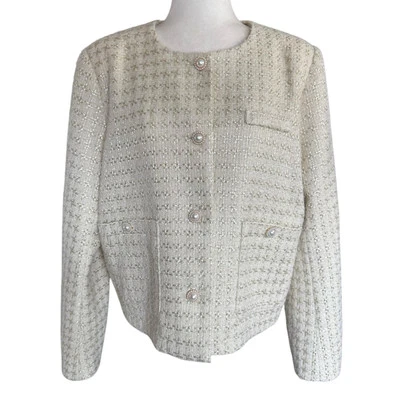Jovonna London Ulla Jacket Tweed Pearl Buttons Beige XL Classic Clueless Preppy - Image 1 of 4