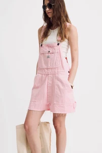 NUEVO Denim Relajado Overall Pantalones Cortos Prenda Teñida Rosa Orquídea M - Imagen 1 de 6