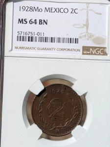 1928-mo Mexico NGC Ms 64 Bn 2 C Centavos Brown - Picture 1 of 5