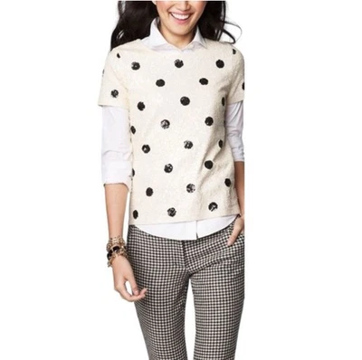 Usado en excelente estado J. Blusa Camisa Top Crew Marfil Negra Lentejuelas Lunares Talla Grande $98 Foto 1 de 4