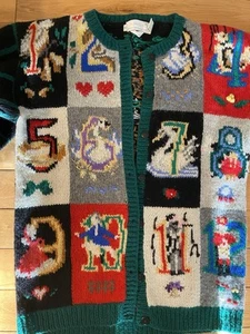 VTG THE EAGLE'S EYE HAND KNIT "AND A PARTRIDGE IN A PEAR TREE" CARDIGAN M - Picture 1 of 20