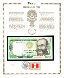 Peru Banknote 1000 Oro 3-5-1979 P-118a.2 UNC with  UN FDI FLAG STAMP Prefix A-N - Picture 1 of 2