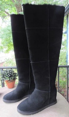 Botas de Sherling UGG Sobre la Rodilla Hasta el Muslo Cuero Gamuza Negras Talla 10 Foto 1 de 4