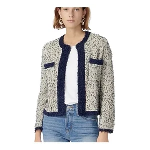 J. Crew Open-front Cropped Tweed Jacket Navy Cream Size Small - Picture 1 of 8