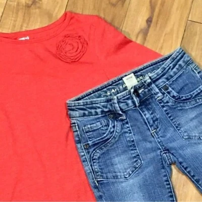 Valentines Day Flower rose red shirt top and crop denim sequin bling denim jeans - Image 1 of 4
