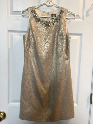 VESTIDO DE FIESTA VINCE CAMUTO USADO EN EXCELENTE ESTADO DAMAS TALLA 6 DORADO METÁLICO ESTAMPADO PIEL DE SERPIENTE FORRADO Foto 1 de 4