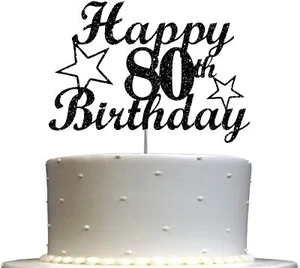 80 Birthday Black Glitter Cake Topper, 80th Party Decoration Ideas - Picture 1 of 4