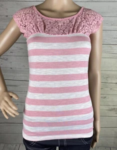 Made for me 2 Love Shirt Small Pink White Striped Lace Yoke Femme Lolita Top - Picture 1 of 12