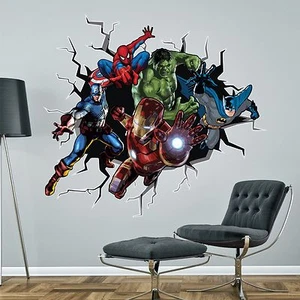 SUPERHEROES superhero breaking through WALL STICKER BATMAN HULK SPIDERMAN decal - Picture 1 of 2