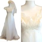 Vintage 60S Lace Ivory Wedding Dress Gown With Veil 40" Train Size Small 4 6
