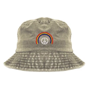 Rainbow with peace embroidered vintage bucket hat (khaki) - Picture 1 of 2