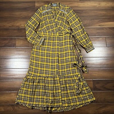 Vestido midi Anthropologie para mujer talla pequeña amarillo marrón a cuadros Dalton envolvente Foto 1 de 4