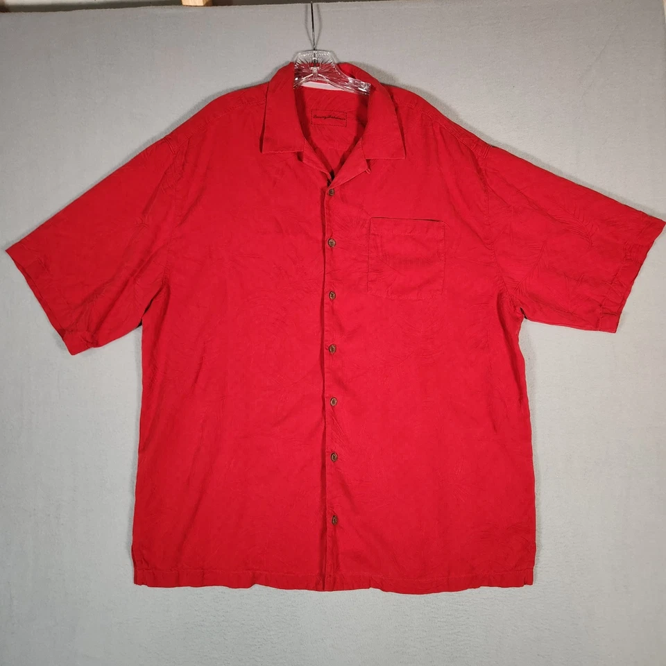 Tommy Bahama 衬衫男式 XLT 红色丝绸营地夏威夷热带海滩短袖 — 第 1/4 张图片