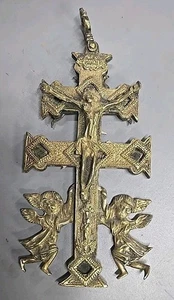 Cross Caravaca Bronze Christ Crucifix Cherubs Chalice Spain Xvii Century - Picture 1 of 2