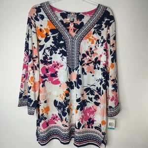NWT JM Collection Woman Tunic Top Womens 0X Floral Blouse Boho Flowy Stretch - Picture 1 of 10