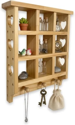 Handmade Wooden Heart Trinket Shelf with Pegs – Rustic Wall Display Shelf - Image 1 of 4