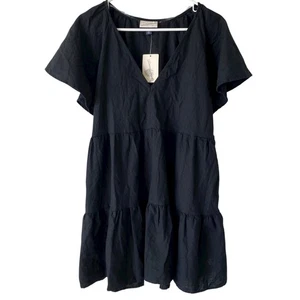 NEW UNIVERSAL THREAD Black Linen Blend Tiered Mini Dress Size XL Pockets V Neck - Picture 1 of 5