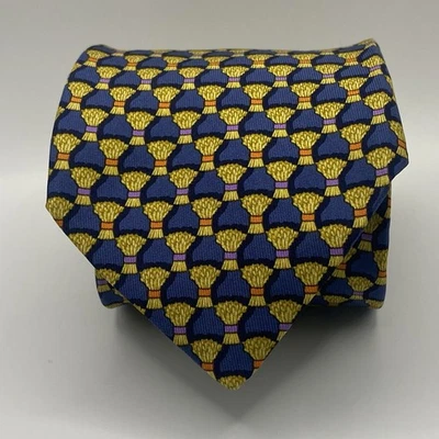 TOM JAMES Men's 100% Silk Necktie USA Designer Geometric Gold Blue EUC - Image 1 of 4