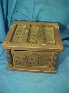 19thc PRIMITIVE Hand Crafted PUNCHED TIN + WOOD FOOT WARMER w HEART Design - Picture 1 of 4