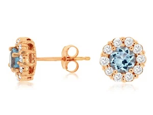 14k Rose Gold Stud Earrings with Blue Aquamarine & White Diamonds, 2.1g - Picture 1 of 1