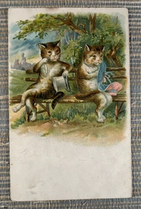 Anthropomorphic Cats with Hats Monocle on Park Bench Embossed Germany Postcard - Picture 1 of 2