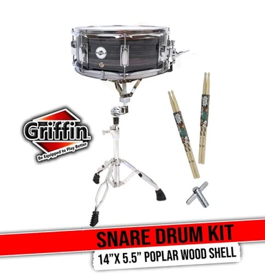 GRIFFIN Snare Drum Kit + Snare Stand, 2 Pairs Maple Wood Drum Sticks & Drum Key - Image 1 of 4