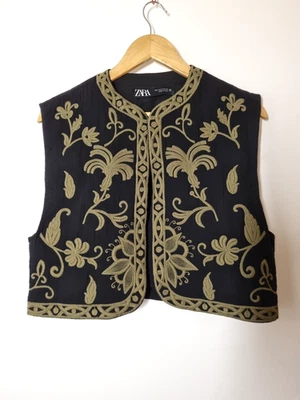 Zara Embroidered Waistcoat Size S Black Khaki Foral Boho Folklore Gilet - Image 1 of 4