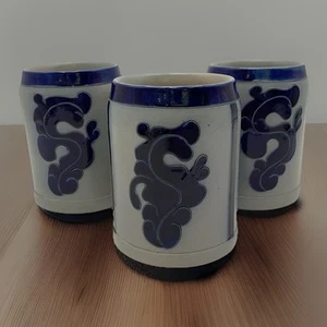 Vintage German Salt-Glazed Stoneware Mugs W/Floral Design Cobalt Blue Set Of 3 - Picture 1 of 12