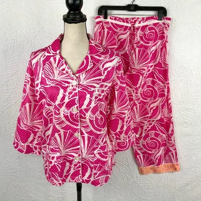 Lilly Pulitzer Pink Shell Button Down 3/4 Sleeve Pajama Set Top-S Pant-M Cotton - Image 1 of 4