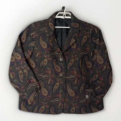Chaqueta Blazer C J Banks Paisley Tapiz Mujer 1X Marrón Azul Artístico Bolsillo Oficina Foto 1 de 4
