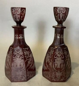 Pair of Antique Bohemian Floral Decorated Cutback 12" Art Glass Decanters - Picture 1 of 10