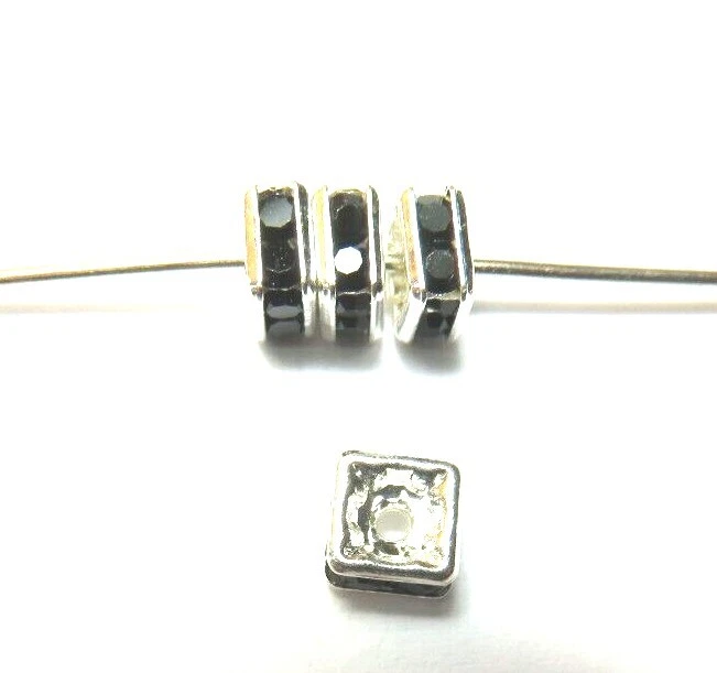 4 Pcs ~ 4MM ~ JET BLACK ~ SILVER SQUAREDELLS ~ SWAROVSKI CRYSTAL BEADS - Image 1 of 1