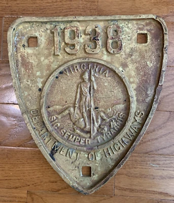 Placa marcadora de puente de bronce del Departamento de Carreteras de Virginia 1938 Foto 1 de 3