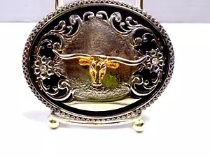 LONGHORN Steer Cow Puncher RODEO Hebilla de Cinturón Plateado Dorado Latón 4" Oeste Americano - Imagen 1 de 5