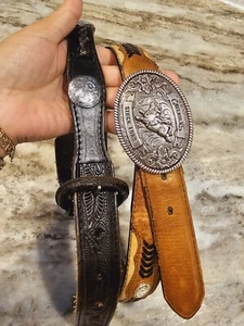 2 Nocona Nubuck Brown, Black Western Tooled Belt Width 1inches Size 26 Buckle - Picture 1 of 18
