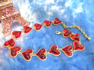 Colar de coração Gripoix joia mogol vermelha tom dourado fosco resina derramada NOVO - Imagem 1 de 4