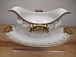 Antique Limoges B & H Gravy Boat with Attached Under Plate Hand Painted ? - Picture 1 of 9