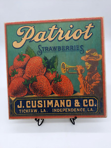 Vtg Repro Patriot Strawberries Produce Art Label Crate 10.5" Wood Wall Plaque