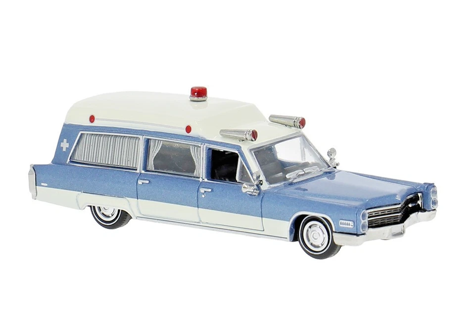 BREKINA 19777 Cadillac Miller Meteor Ambulance, 1966, Blu/Bianco, H0, Neu 2025 - Immagine 1 di 1