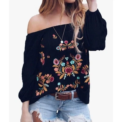 Blusa Top Bordada Fuera del Hombro Manga Larga BOHO Floral Capricho Talla Grande  Foto 1 de 4