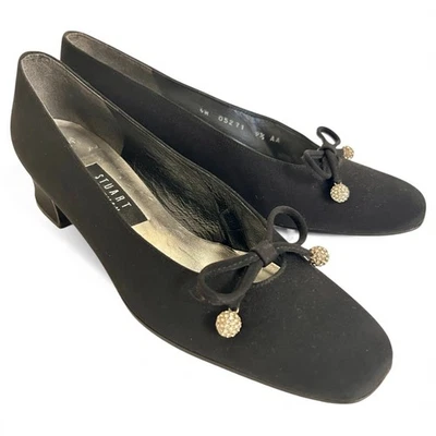 Zapatos de salón Stuart Weitzman Gabby de gamuza negros talla 9,5 años 80’s para mujer con lazos Pom Pom Foto 1 de 4