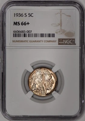 1936-S Buffalo Nickel 5c NGC MS66+ - Premium Quality! - Image 1 of 3