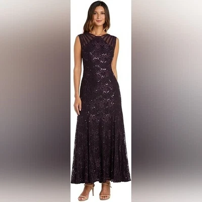 Nuevo con etiquetas Vestido de noche R&M Richards para mujer púrpura lentejuelas hasta el suelo talla 12 Foto 1 de 4