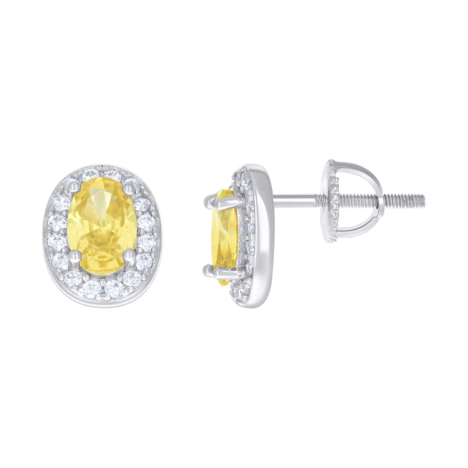 925 Argento Sterling Solitario Giallo Cz Donna Vite Posteriore Ovale Halo Lobo - Immagine 1 di 1
