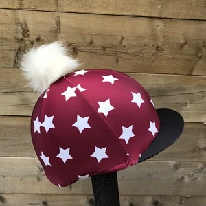 Horse Riding hat silk fur Pom, Wool Or Button Top one Size burgundy white star - Picture 1 of 26